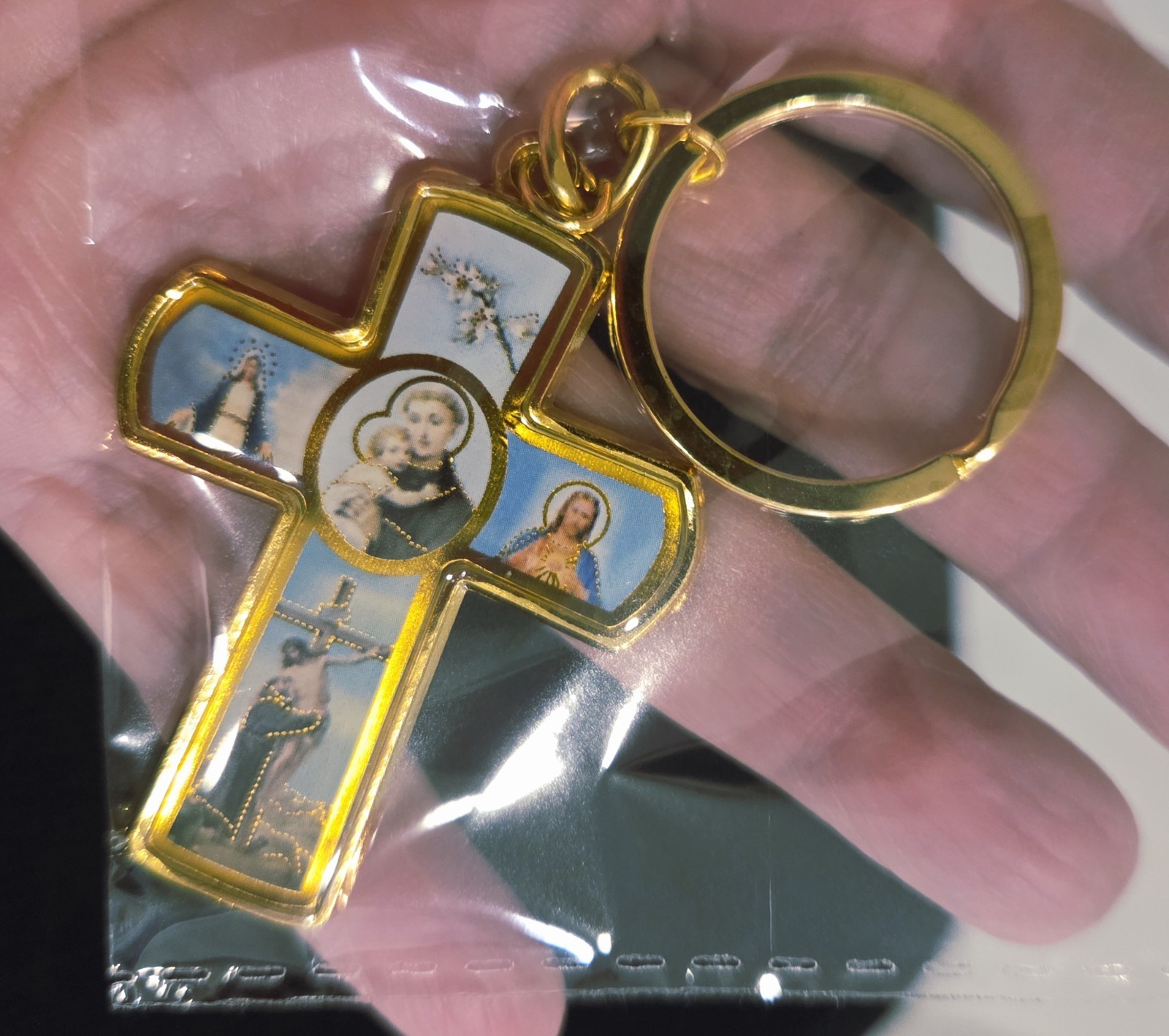 Vintage Saint Anthony Virgin Mary Jesus Miraculous Cross Keychain Gold Toned