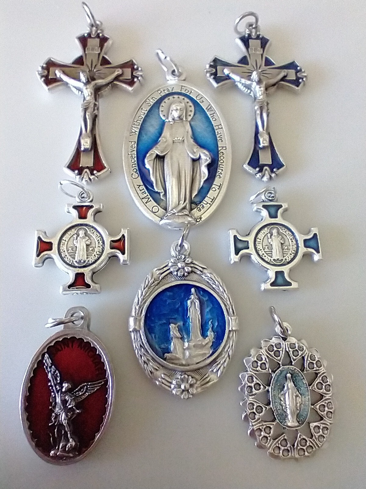 Catholic Lot Red Blue Enamel Miraculous Medal St Michael Benedict Lourdes Medals