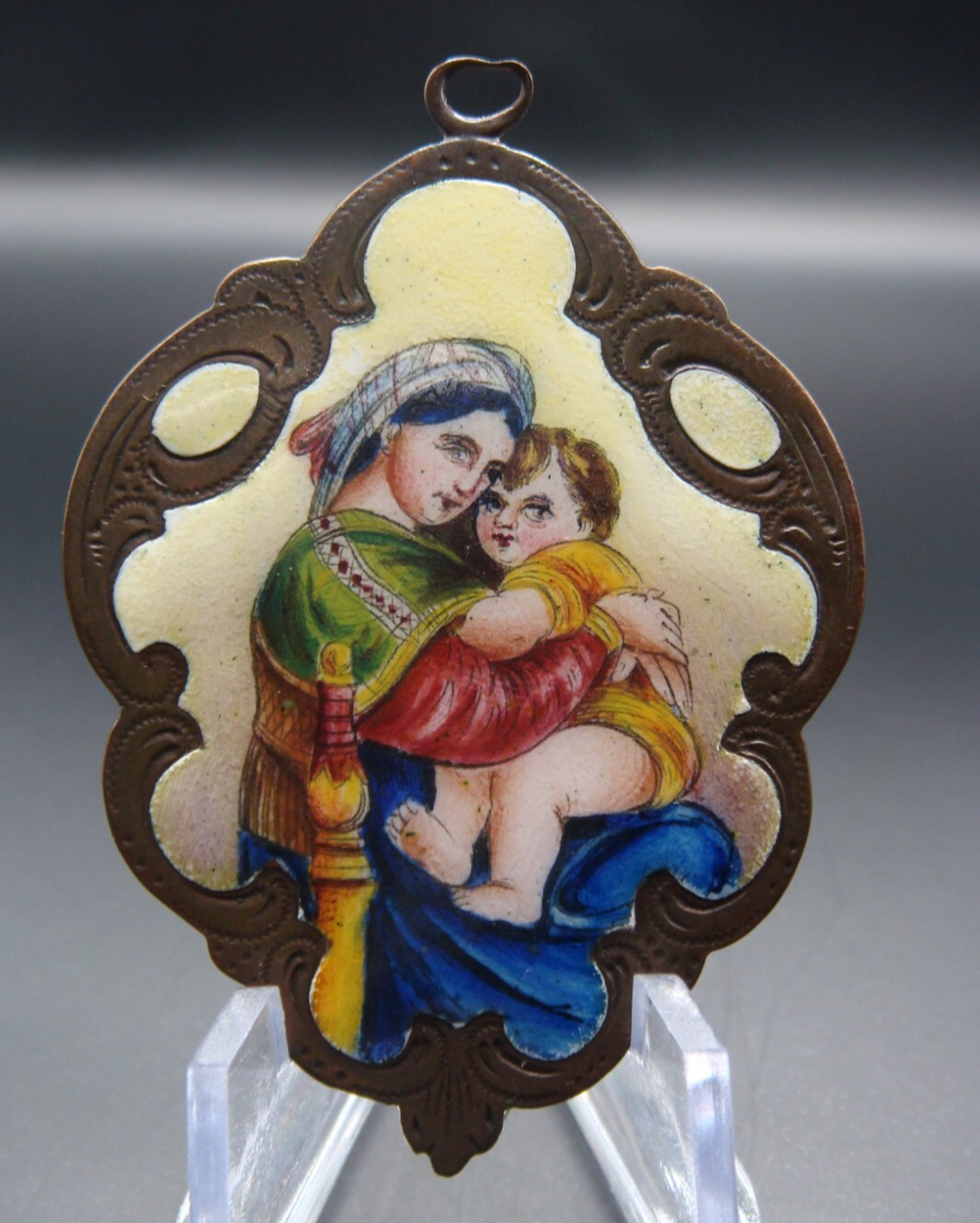 Rare Antique Virgin Mary Mater Dei Ora Pro Nobis Enamel Holy Icon Medal Pendant
