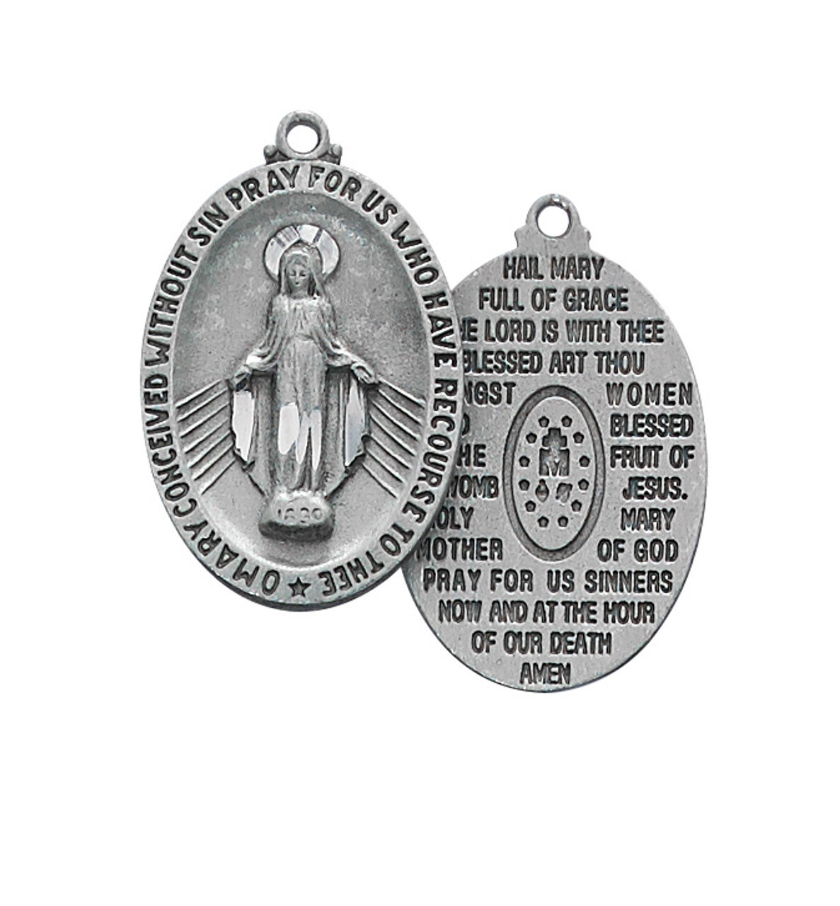 Hail Mary Miraculous Medal Prayer Back 24 Inch Silver Tone Chain Pewter Jewelry