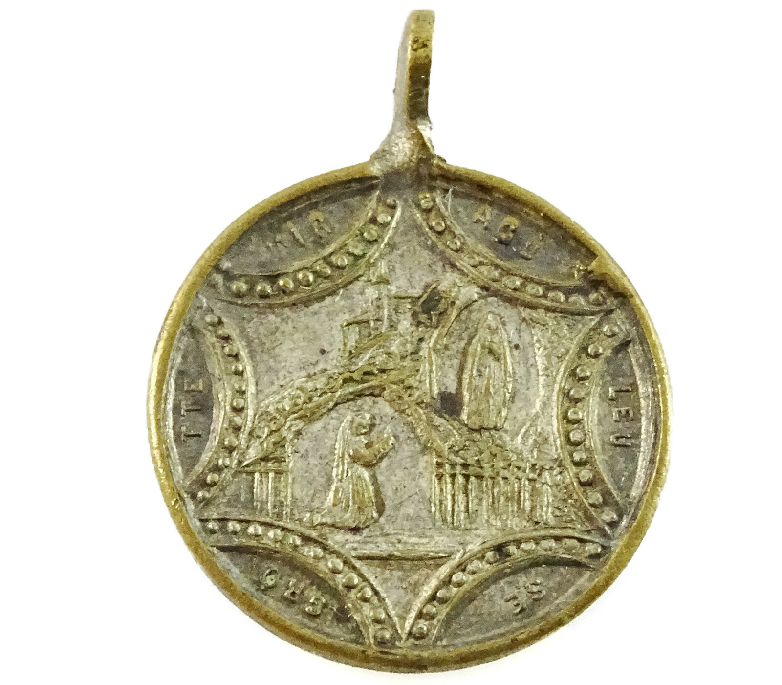 Antique Catholic Medal Notre Dame de Lourdes Grotto Apparition Twisted Bail