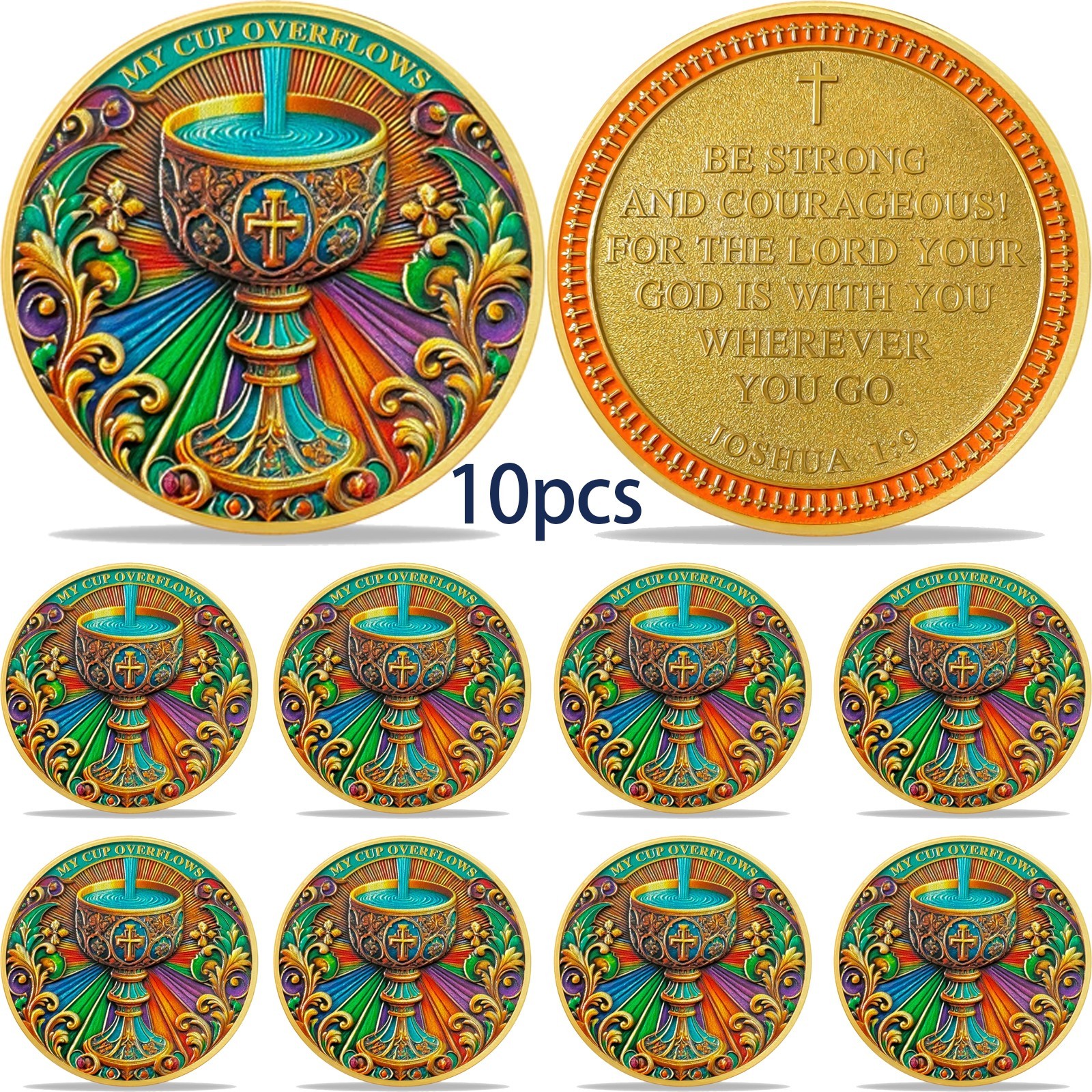 10-Pack Christian Challenge Coins – My Cup Overflows & Joshua 1:9 Faith Tokens