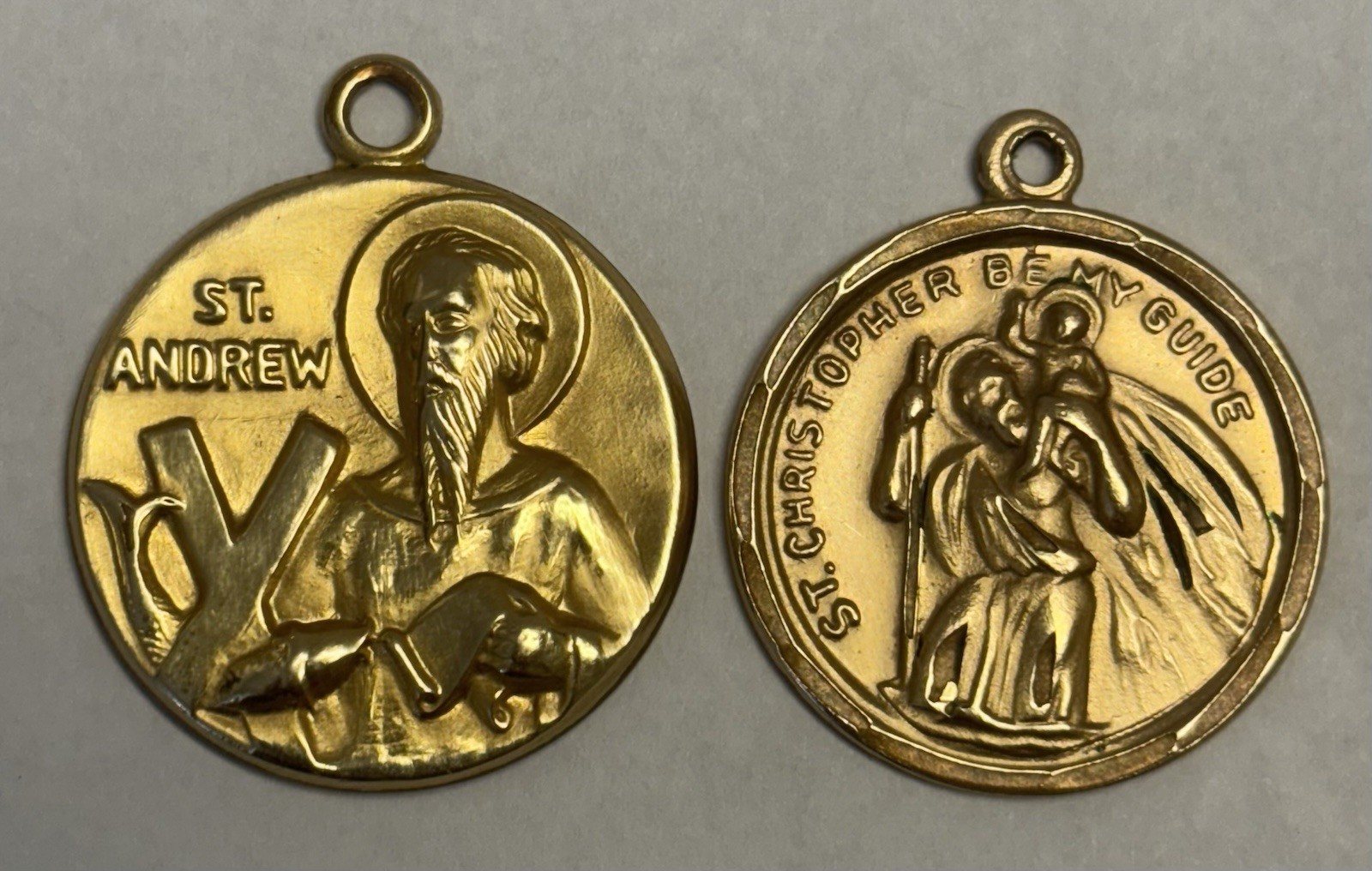2 Religious Medals, 12k G.F., St. Andrew/Fisherman & St. Christopher/Traveller