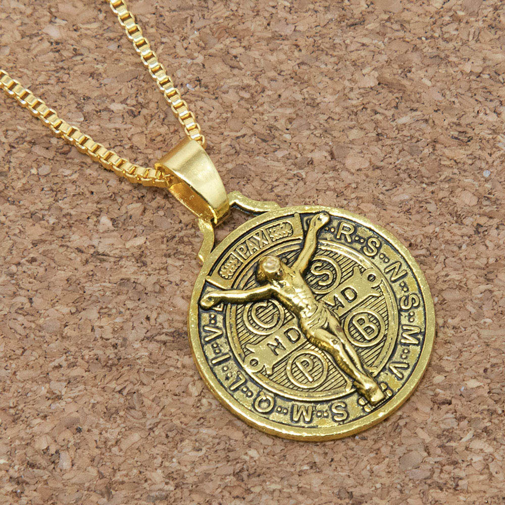 Gold Jesus Crucifix Saint St Benedict Medal Cross Pendant Necklace 24″ Box Chain