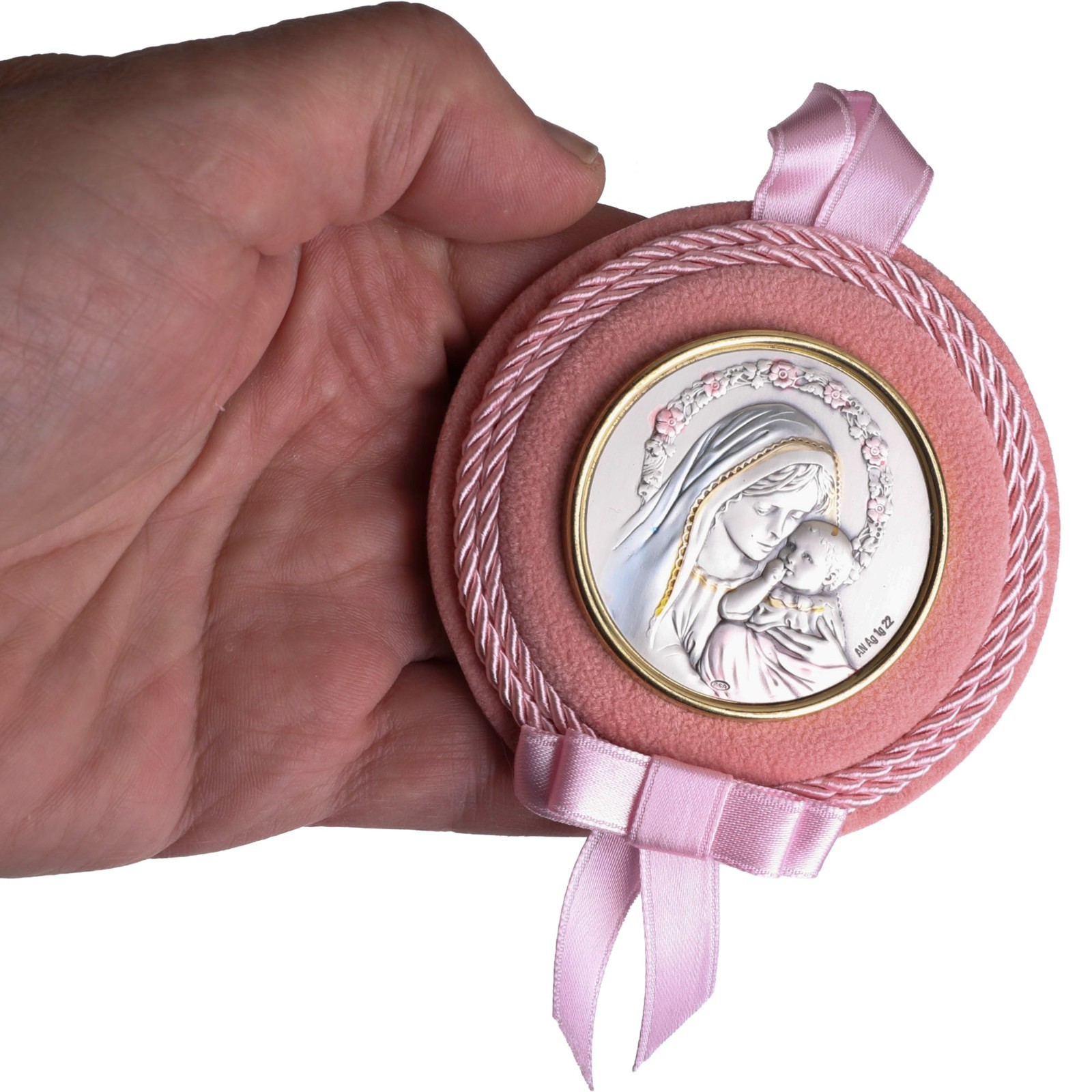 Baby Girl Crib Medal Mary Child Icon With Pink Ribbon 3.25″ Catholic Gift Italy