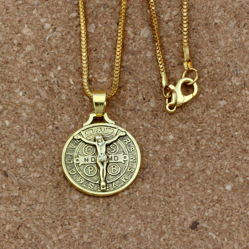 Gold Jesus Crucifix Saint St Benedict Medal Cross Pendant Necklace 24″ Box Chain