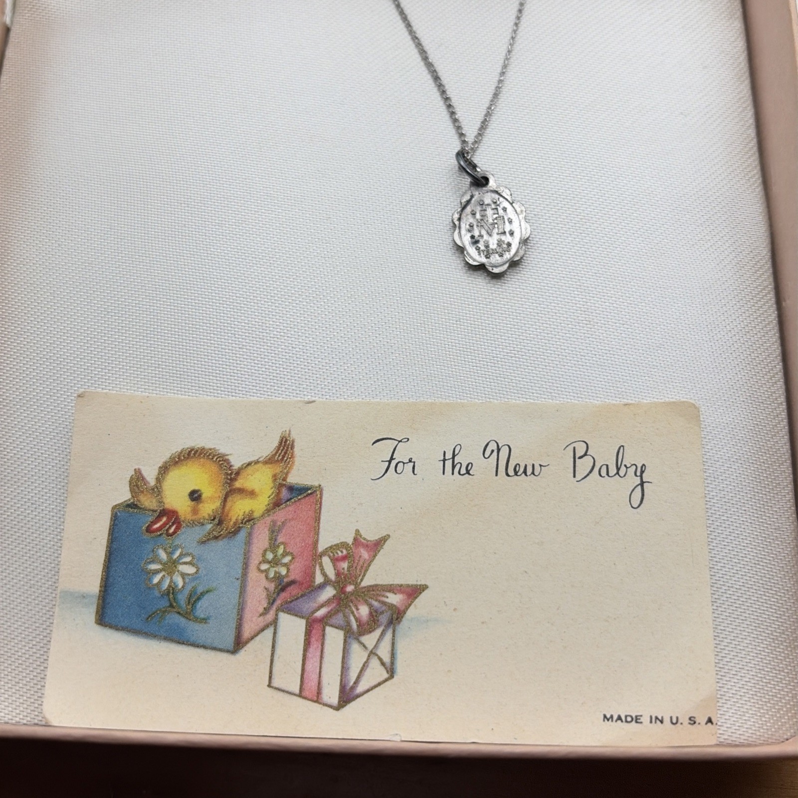 Vintage Infant Baby Necklace Miraculous Medal Virgin Mary Medal Sterling Silver