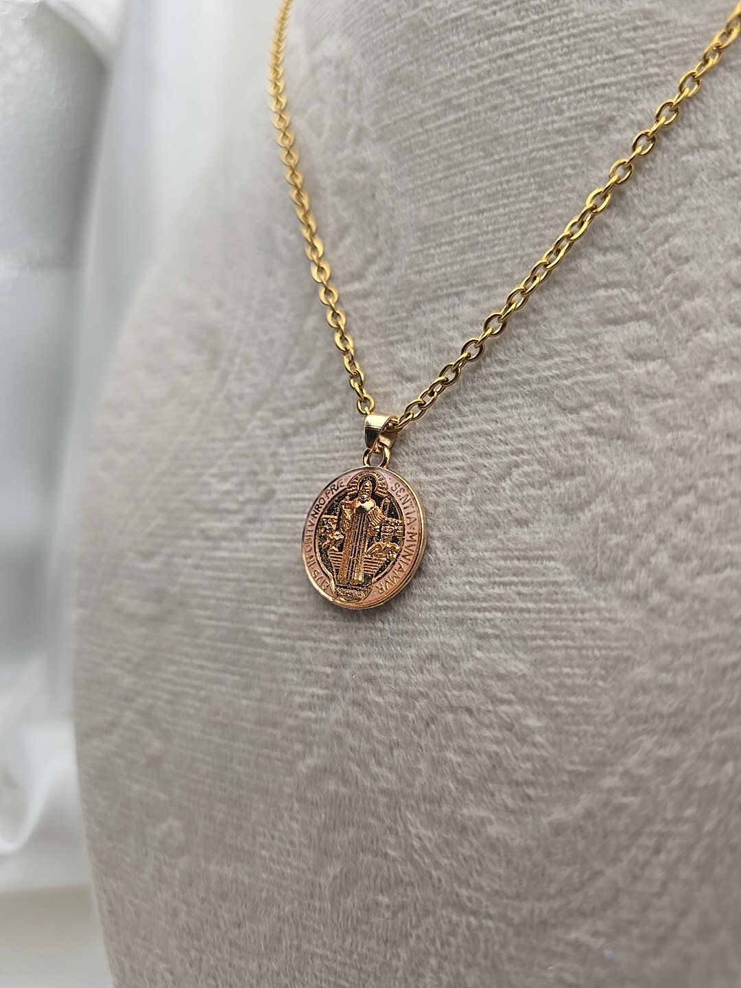 Pink Saint Benedict Medal Necklace 20″ Gold Plated Stainless Steel Catholic Gift