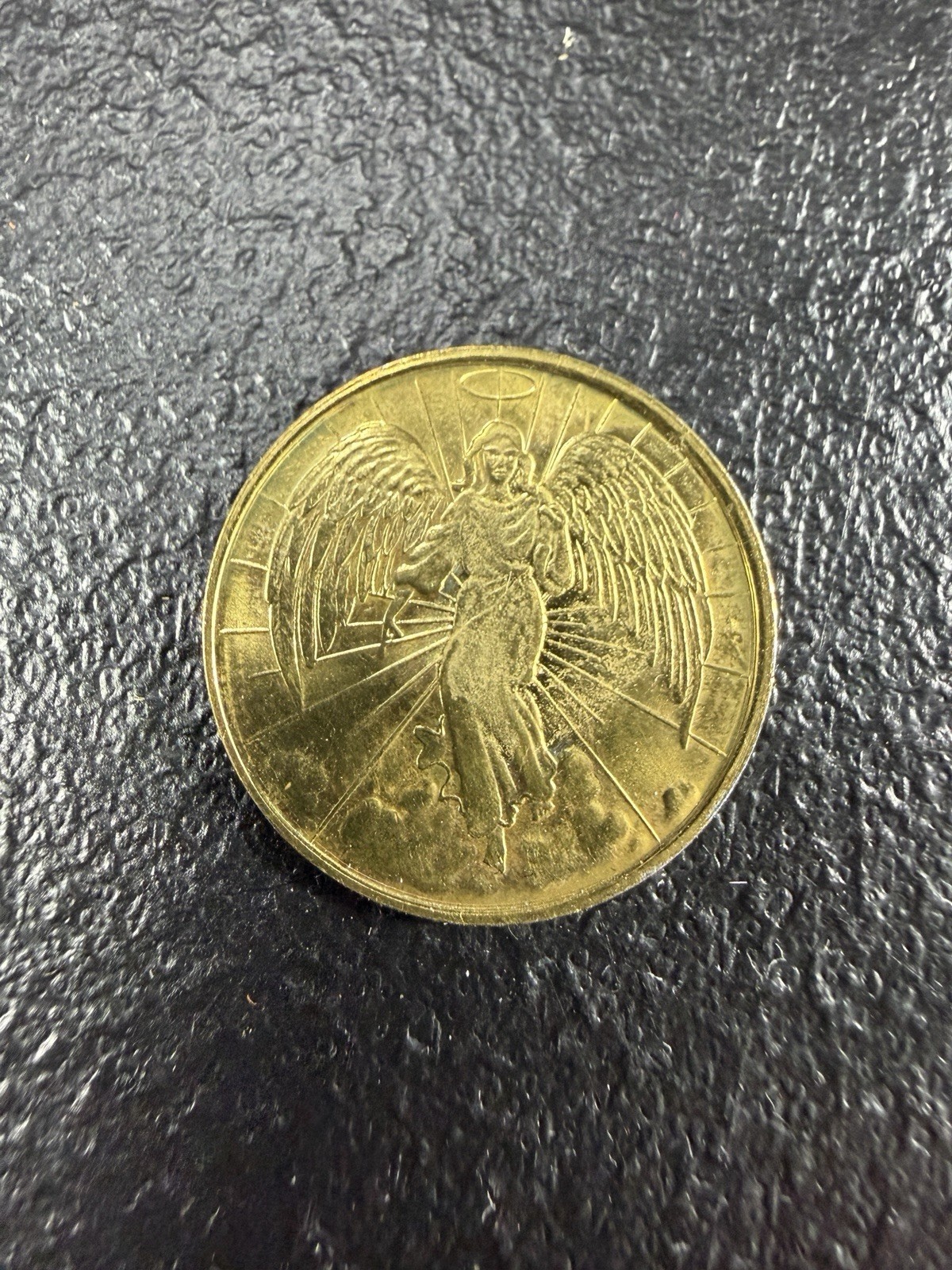 Vintage Guardian Angel Pocket Coin Token Gold Tone Religious 1″ Double-sided.