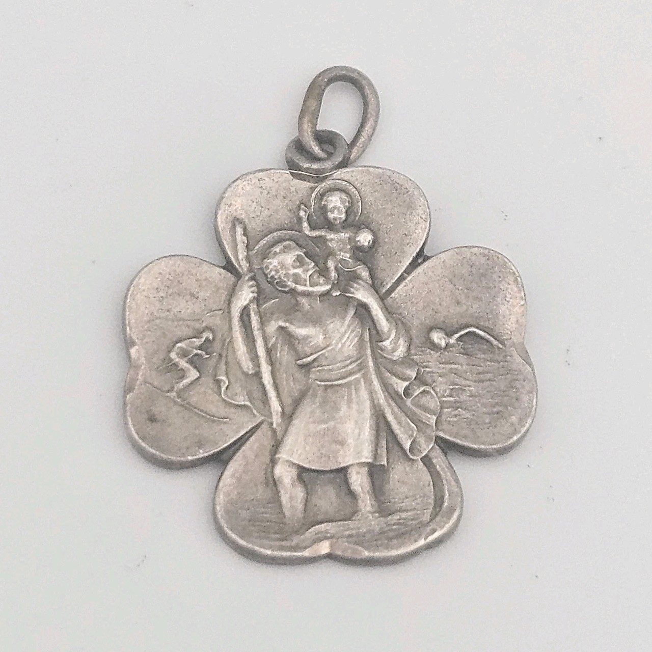 Vintage Shamrock Clover St. Christopher Protect Us .925 Sterling Silver Pendant