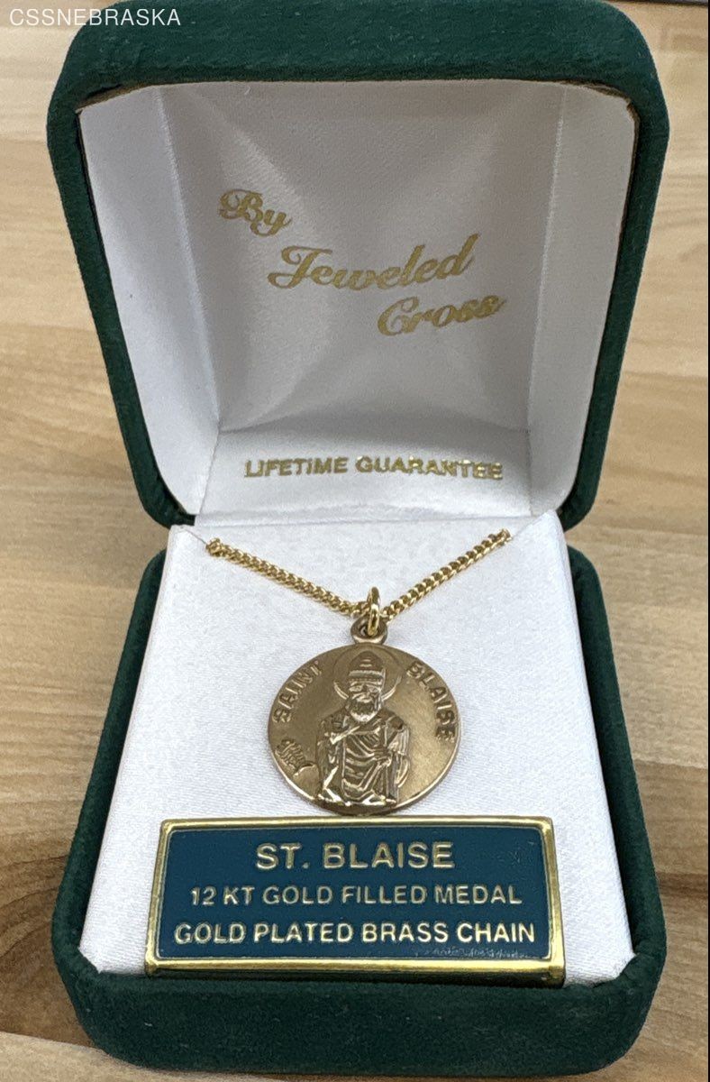 Jeweled Cross St Blaise 14K Gold Filled Medal, Gold Plated Brass Chain