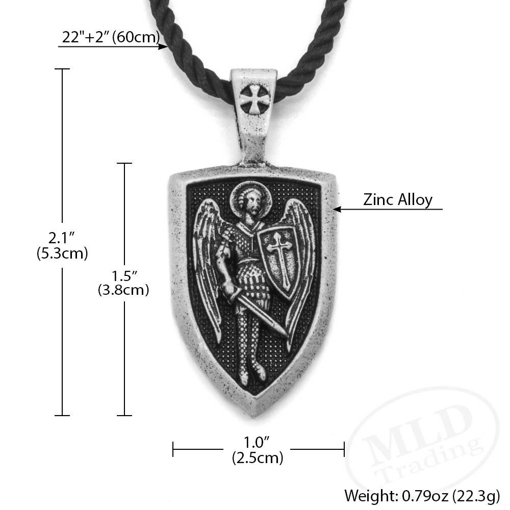 Saint St Michael Shield Medal Pendant Necklace, Antiqued Silver Zinc Alloy