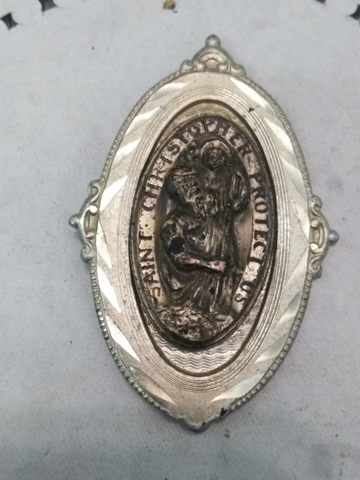 1950’S St. Christopher Catholic Car Badge Visor Pin Protect Us Metal (2″X1.5″)