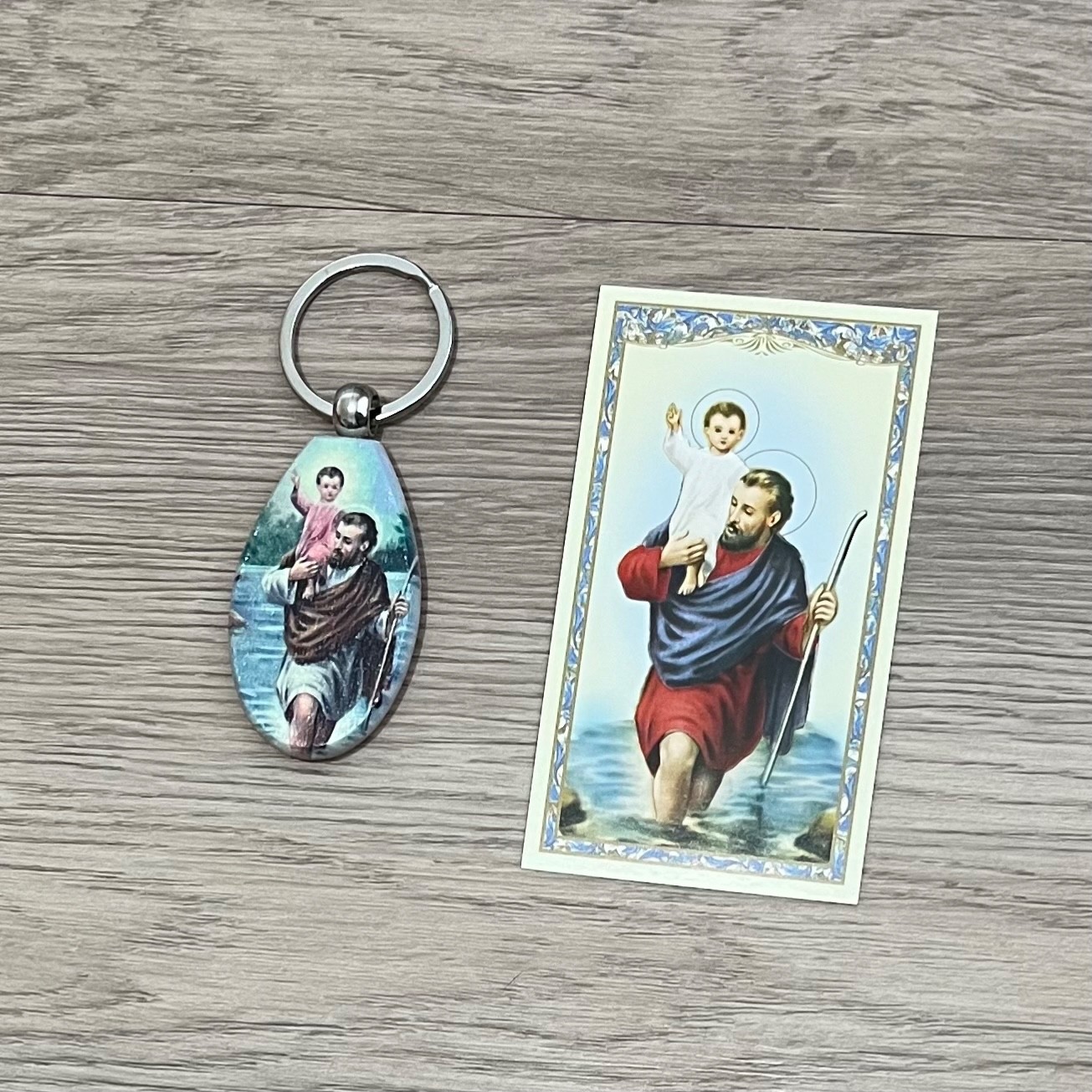 St Christopher Keychain + Card Car Auto Protection Medalla San Cristobal