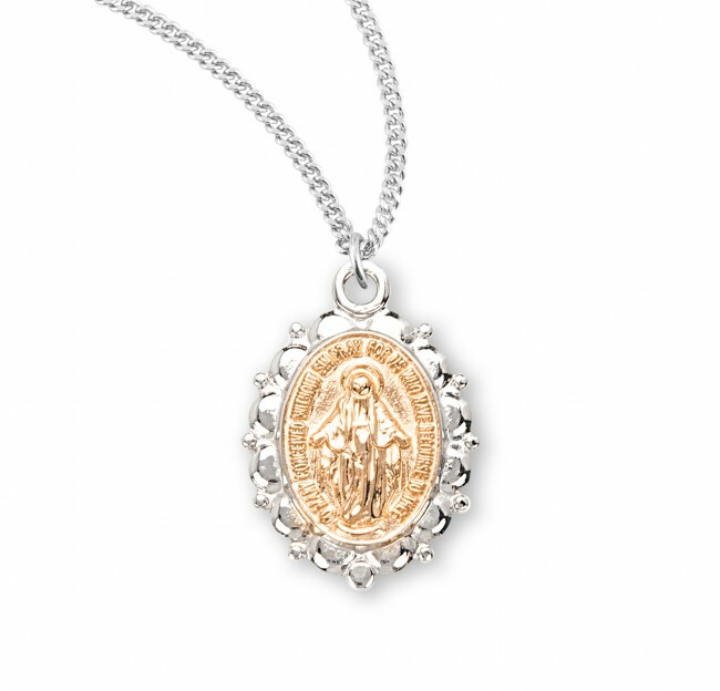 Sterling Silver Oval Two-Tone Miraculous Medal w/ 16kt Gold Plate