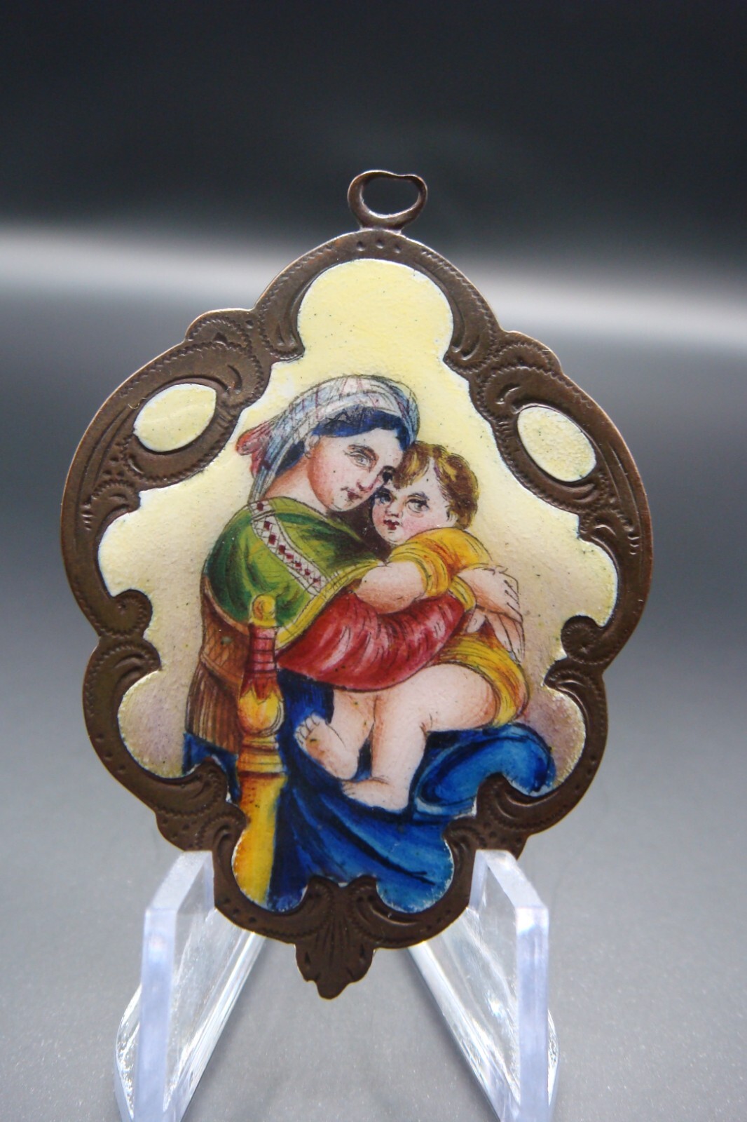 Rare Antique Virgin Mary Mater Dei Ora Pro Nobis Enamel Holy Icon Medal Pendant