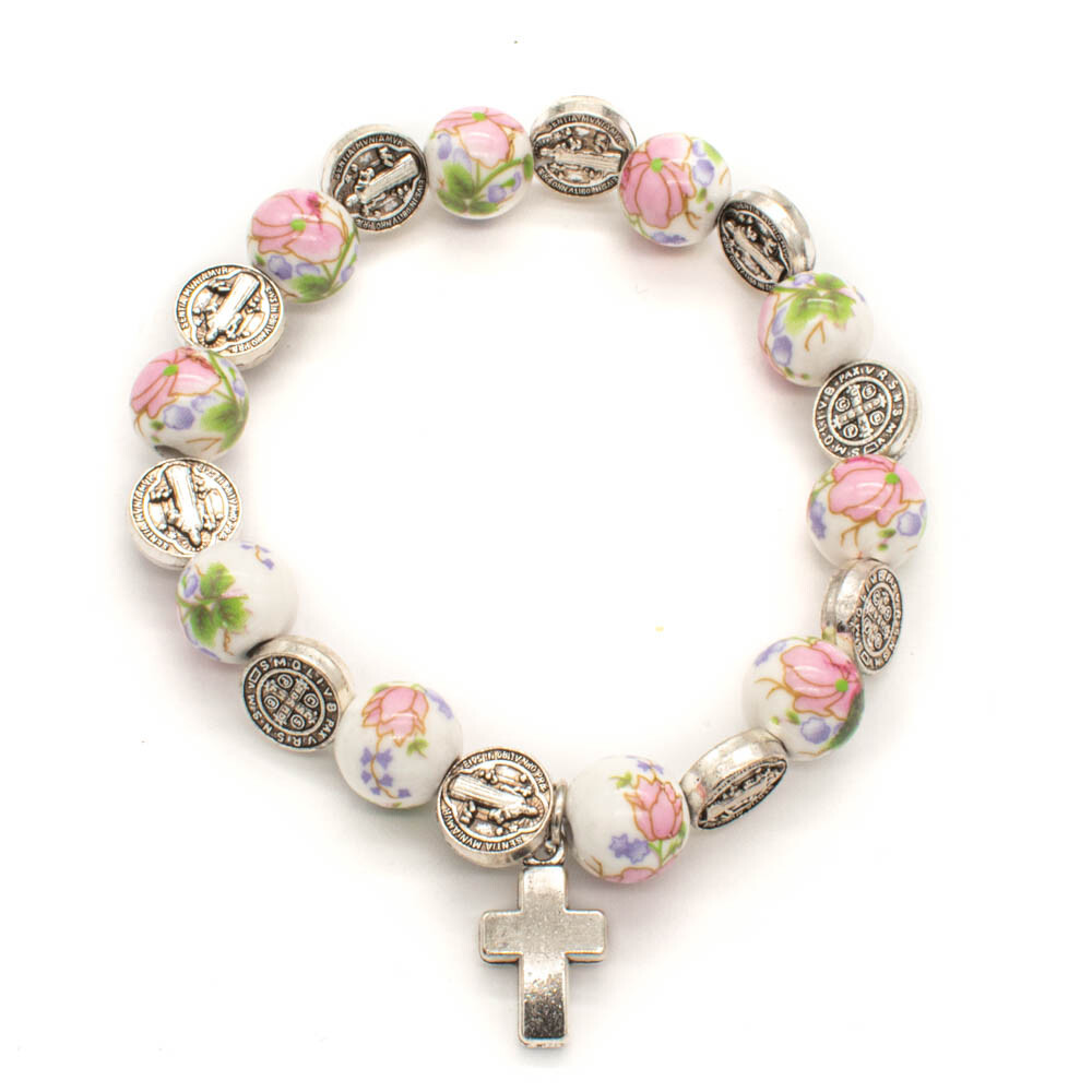 Cute Flower Ceramic Beads Cross Pendant Saint St Benedict Medal Stretch Bracelet