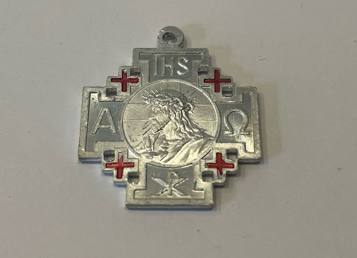 IHS Alpha Omega Silver Aluminum Catholic Cross Medal Red Enamel Crusade Chi-Rho