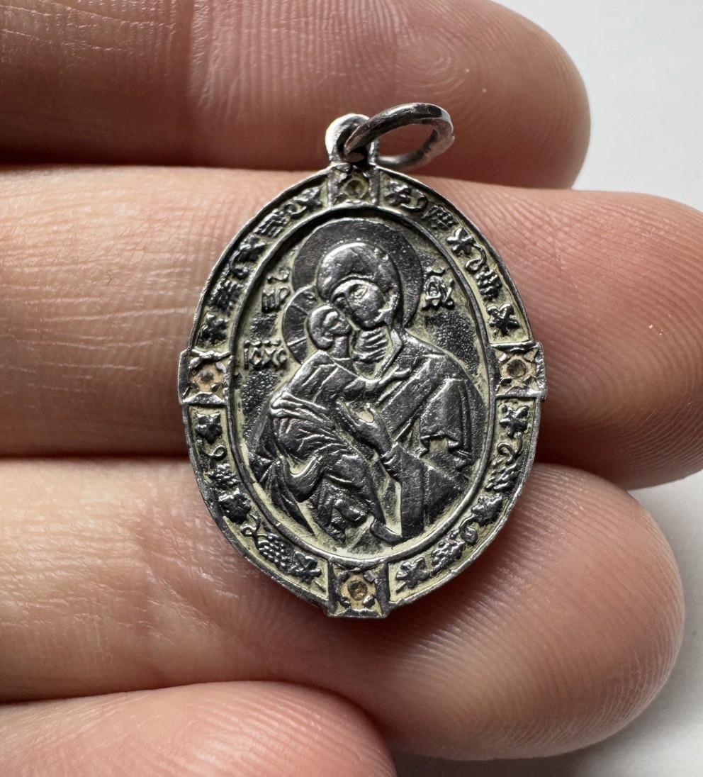 Orthodox Silver 925 Pendant Double Sided Virgin Mary & Crucifix Medallion