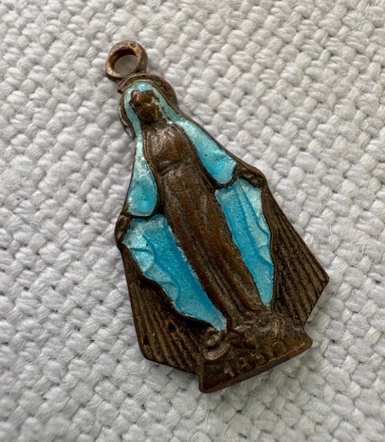 Vintage Miraculous Medal Charm / Pendant Virgin Mary Blue Enamel on Brass 1830?
