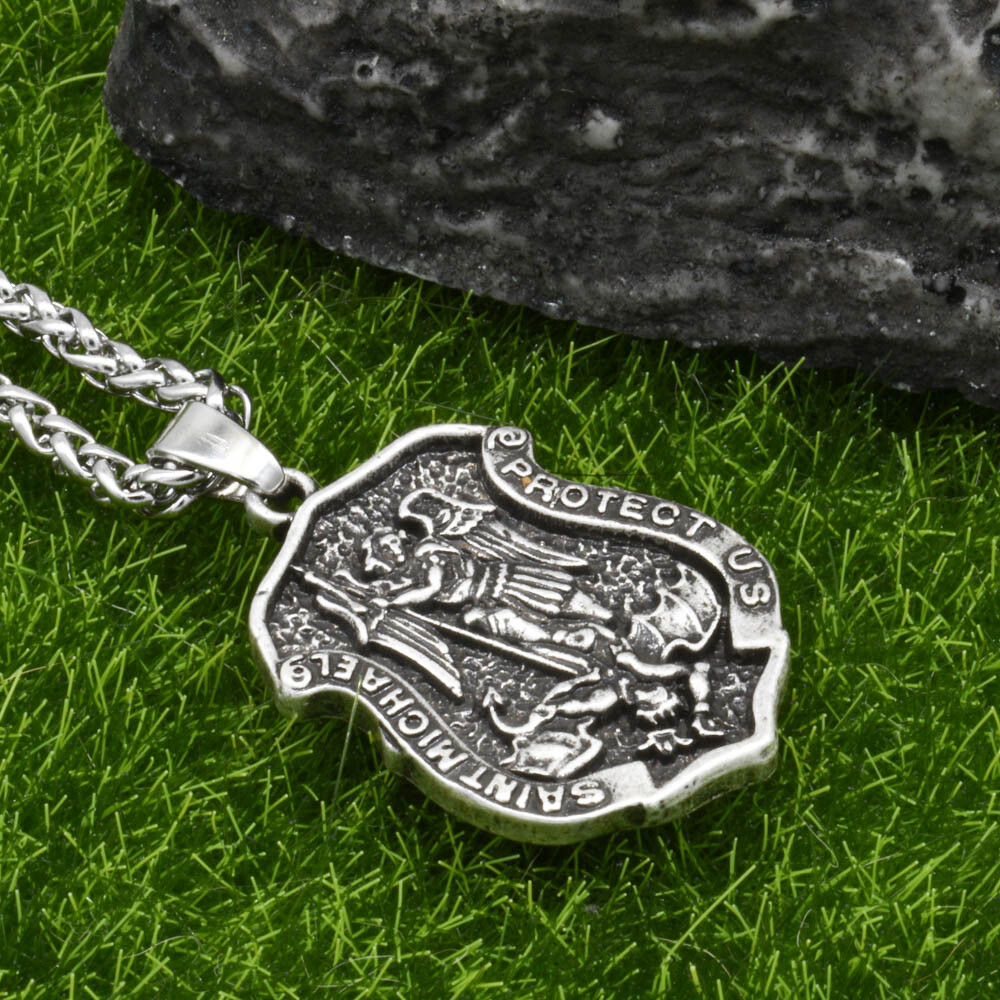 Archangel Saint St Michael Protect Us Medal Shield Pendant Necklace w 20″ Chain