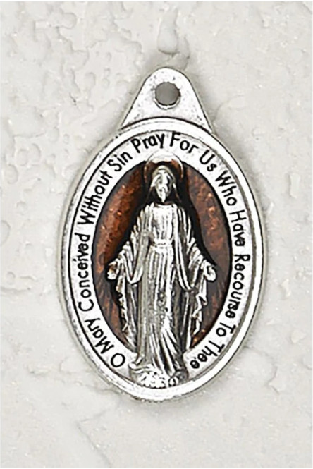 Miraculous Medal – 1 inch Oxidized Italian Silver Cast + Brown Medal