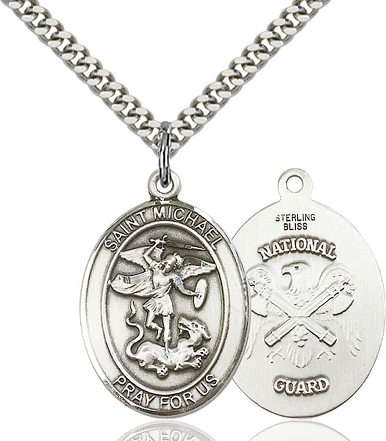 Pewter Saint Michael National Guard Medal Pendant Necklace 24″ Chain GiftBox