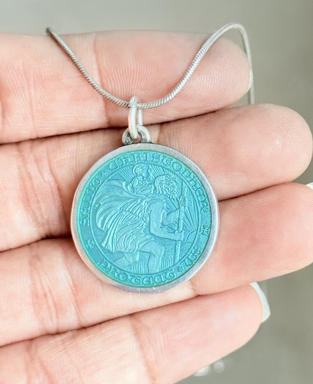 Charles Thomae St Christopher Sterling Silver Blue Enamel Medal Pendant Necklace