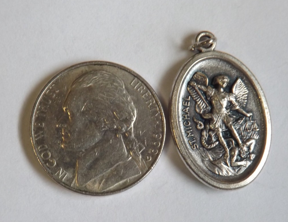 * Oval pendant medal Guardian Angel St Saint Michael Archangel killing the devil