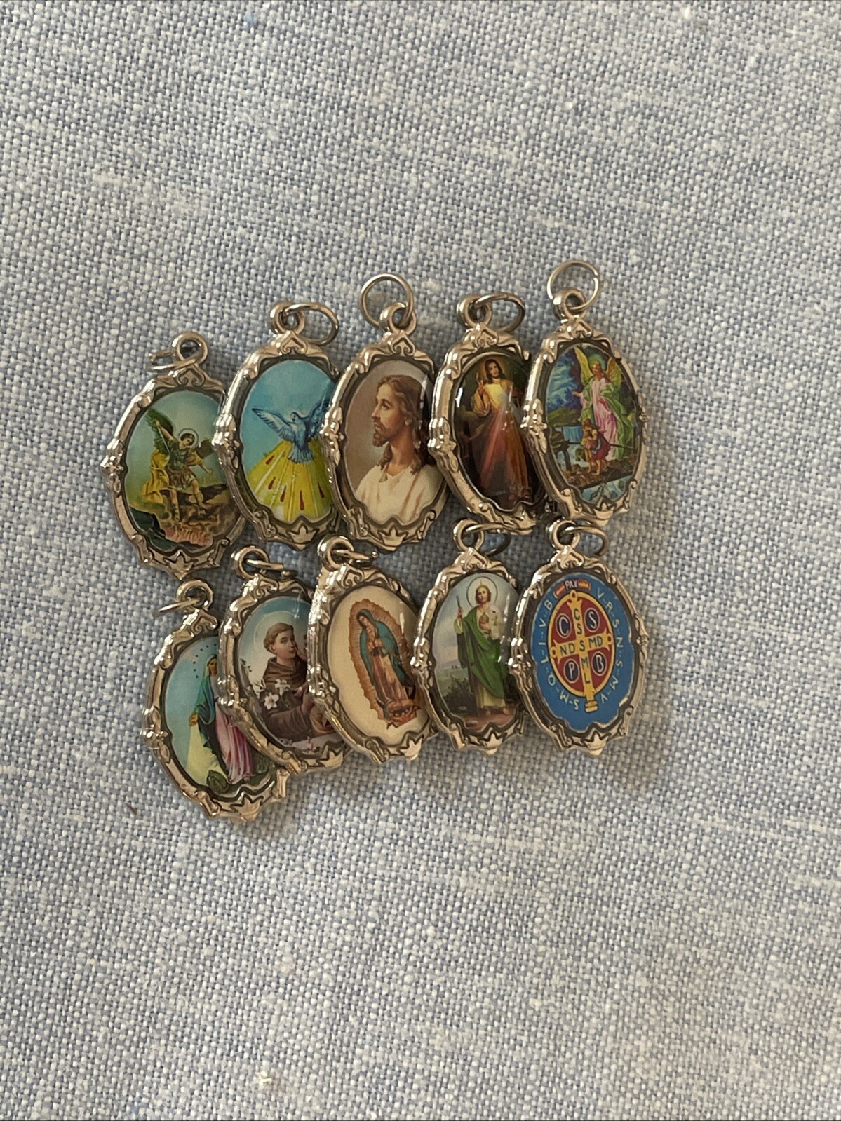 Lot of 10 Religious Medals Pendants Charms, Virgin Mary, Guardian Angel, Jesus,