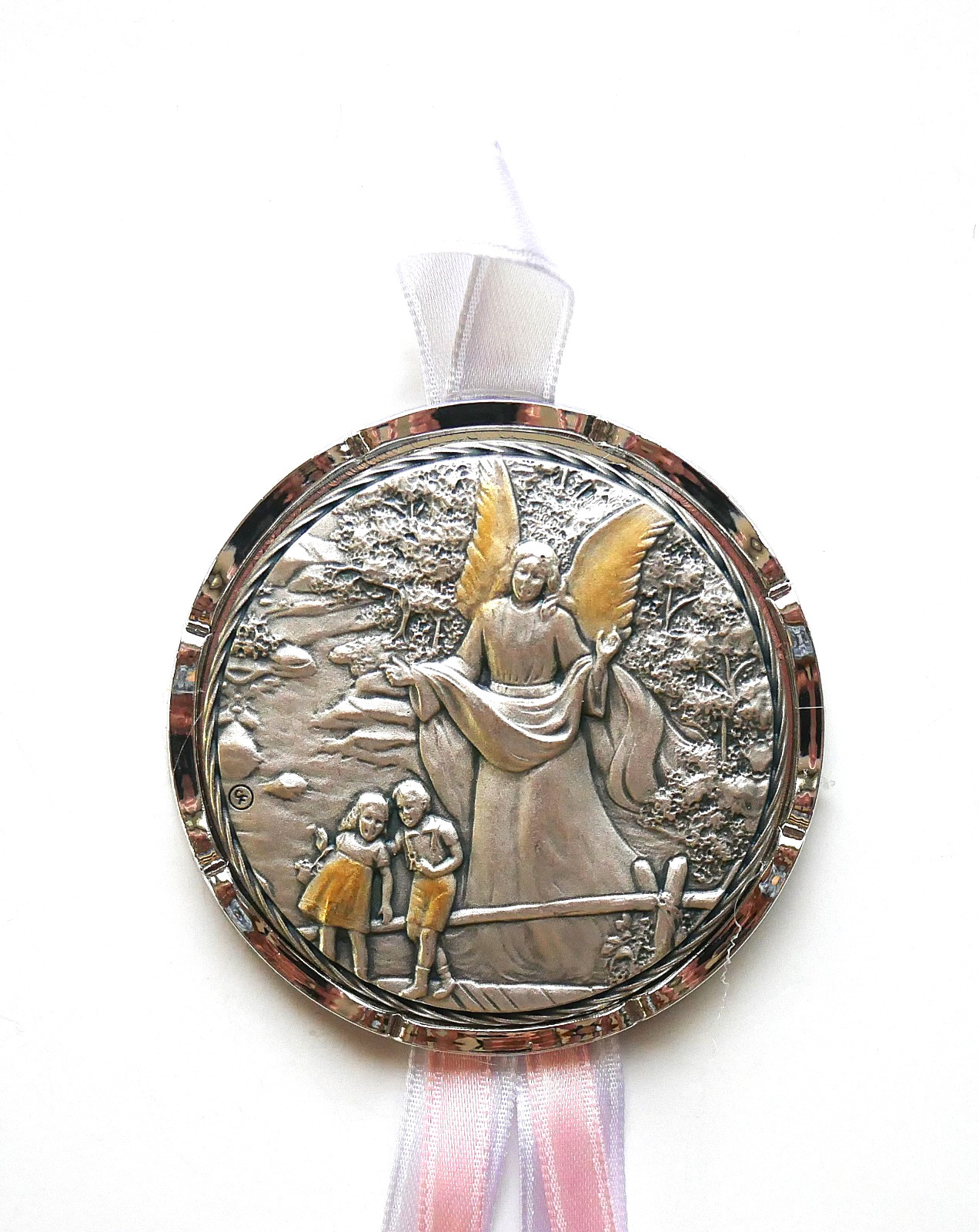 Guardian Angel Crib Medal with Pink and White Ribbons – for Baby Girls –