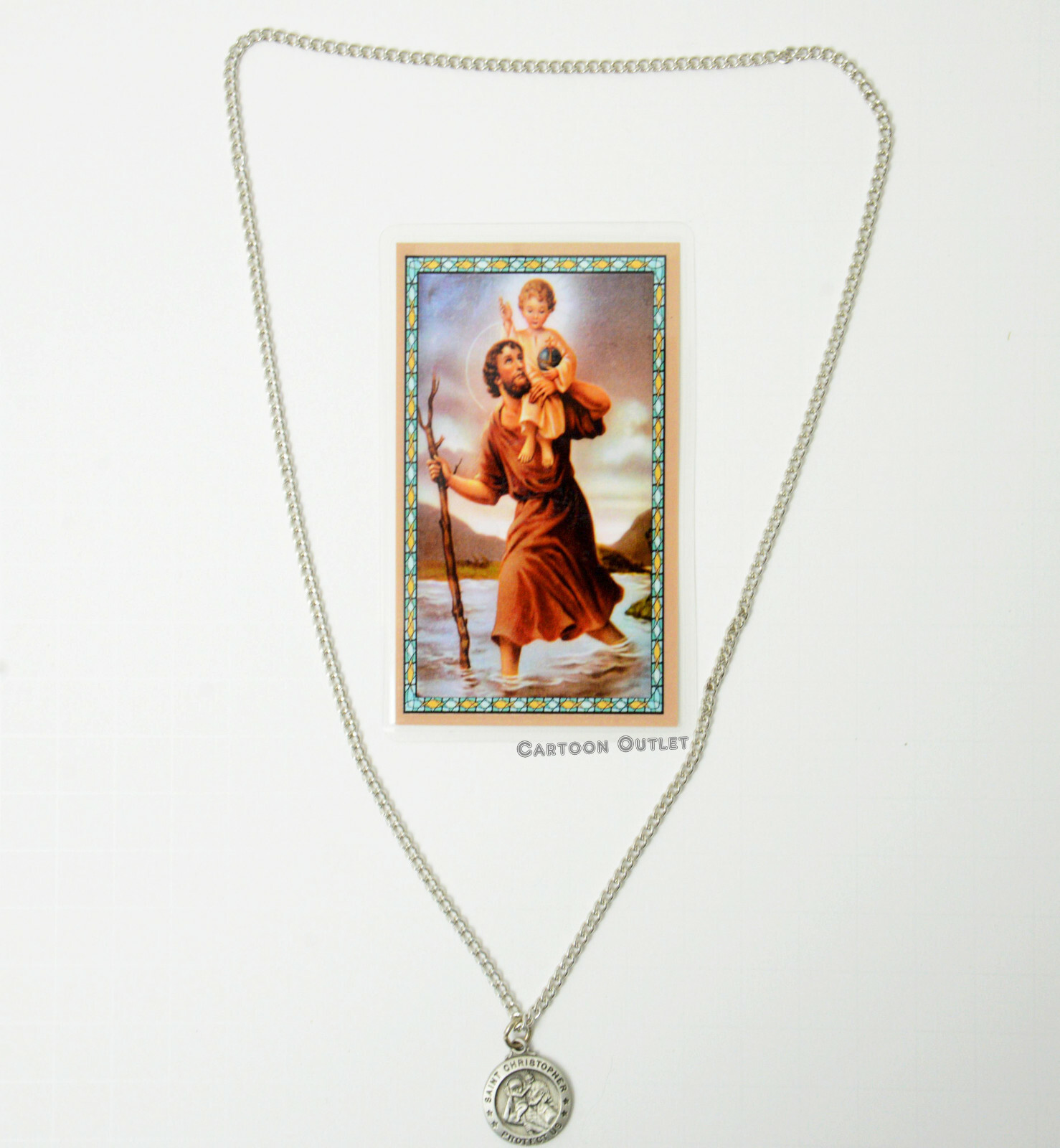 St. Christopher Medal Necklace w/ Laminated Prayer Card Protection San Cristobal
