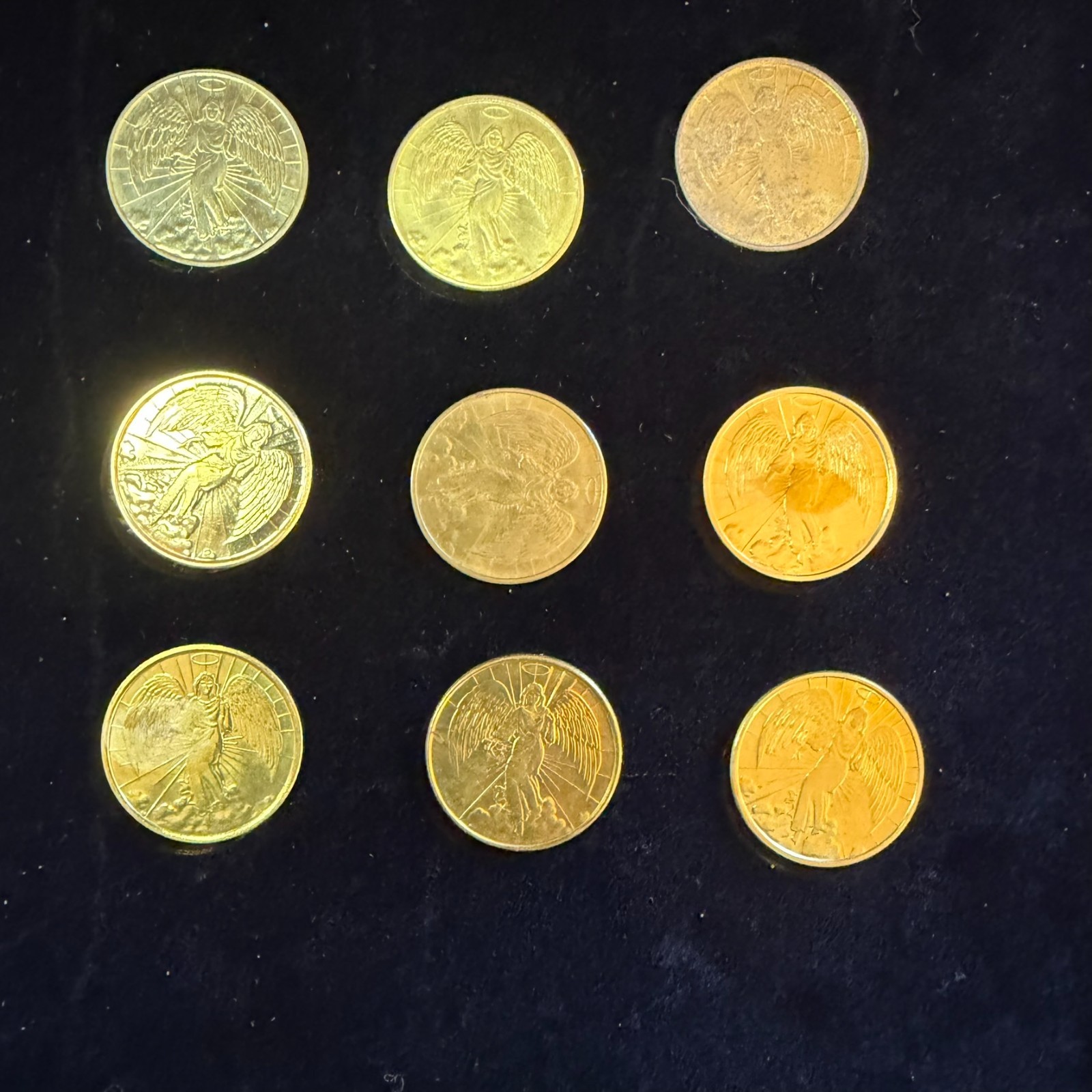 Lot of 9 Gold Tone Guardian Angel Coins Double Sided Religious Medals
