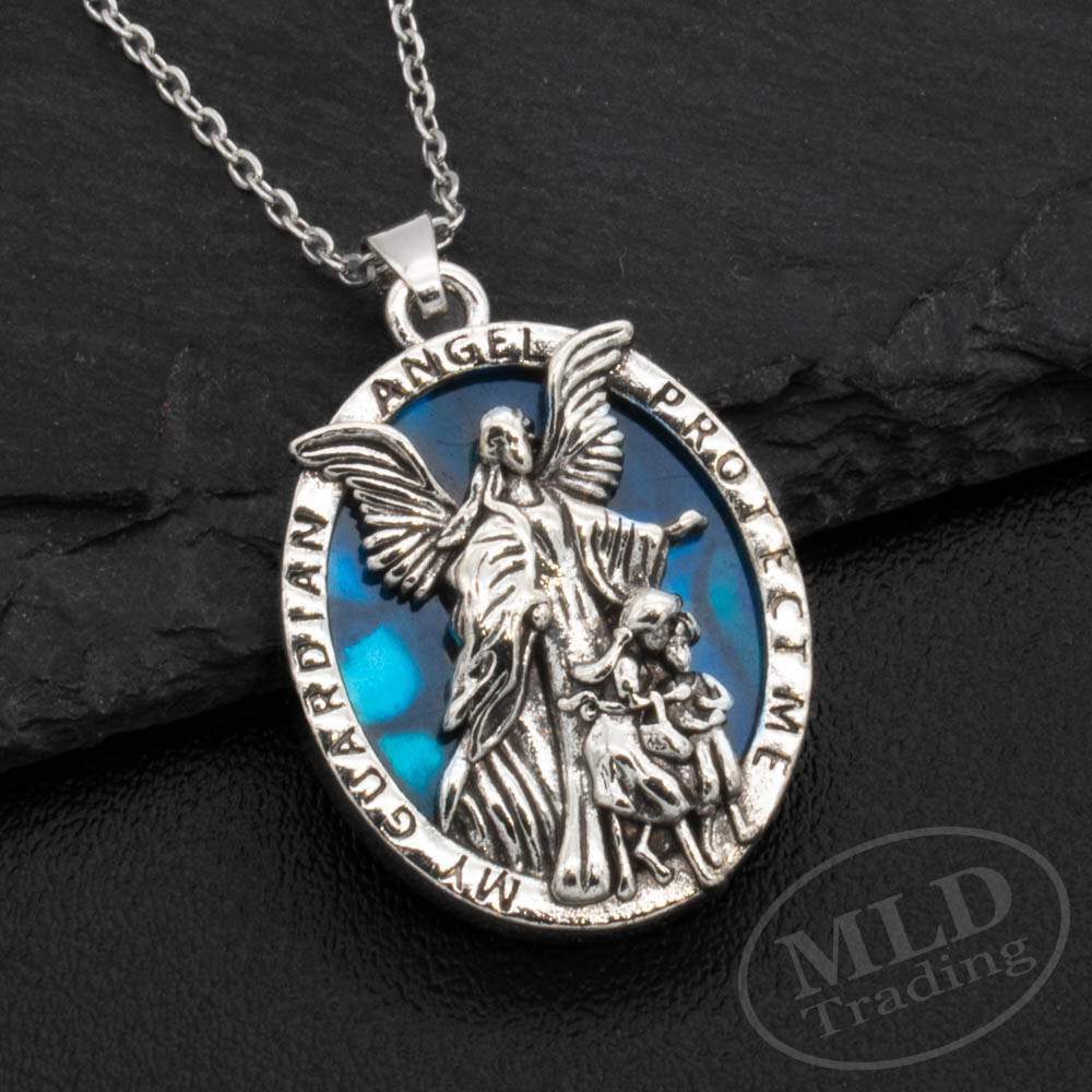 Guardian Angel Pendant Necklace, Religious Protector Medal, Alloy, 20″ Chain