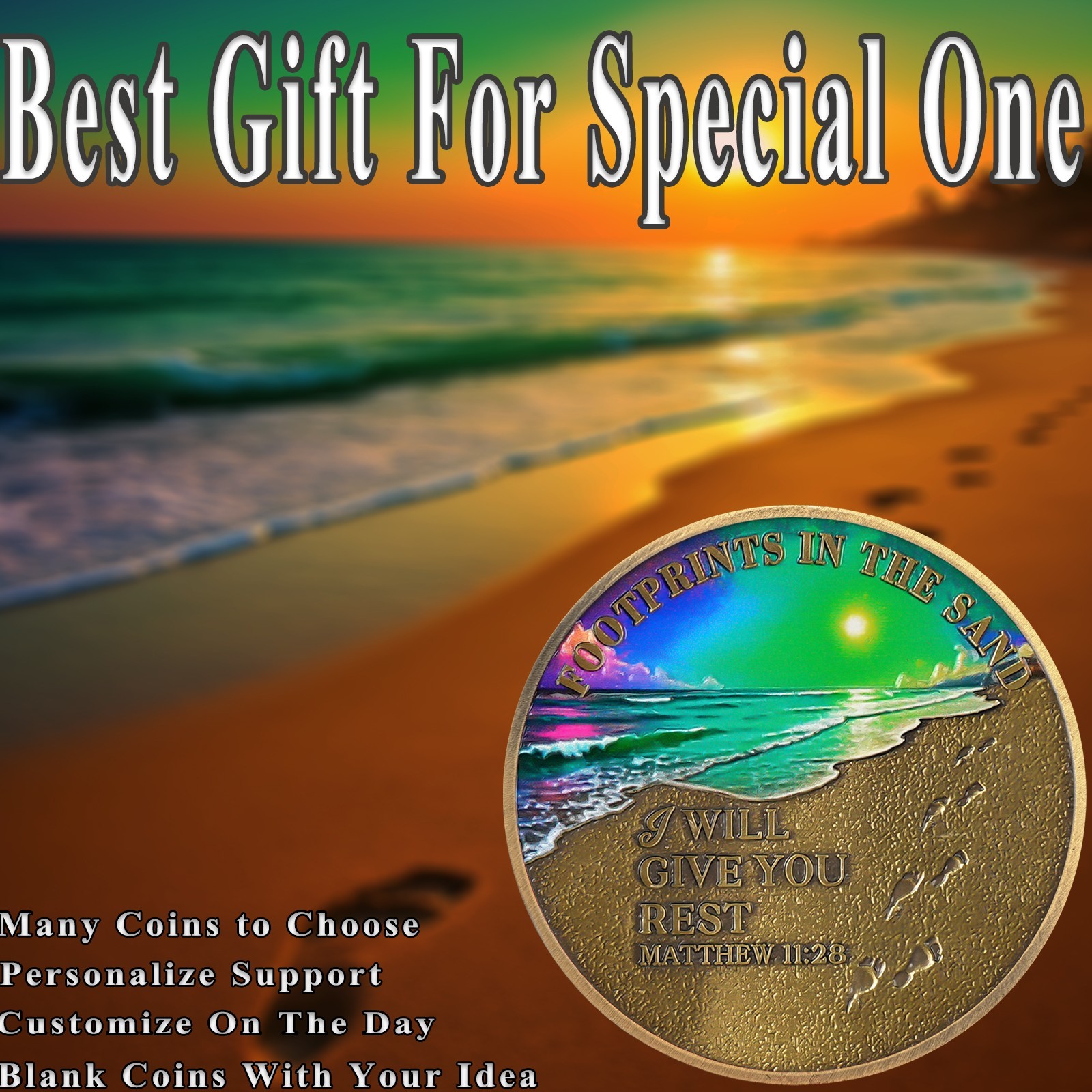 5pcs Inspirational Christian Coin Footprint In The Sand Matthew 11:28 Verse Coin