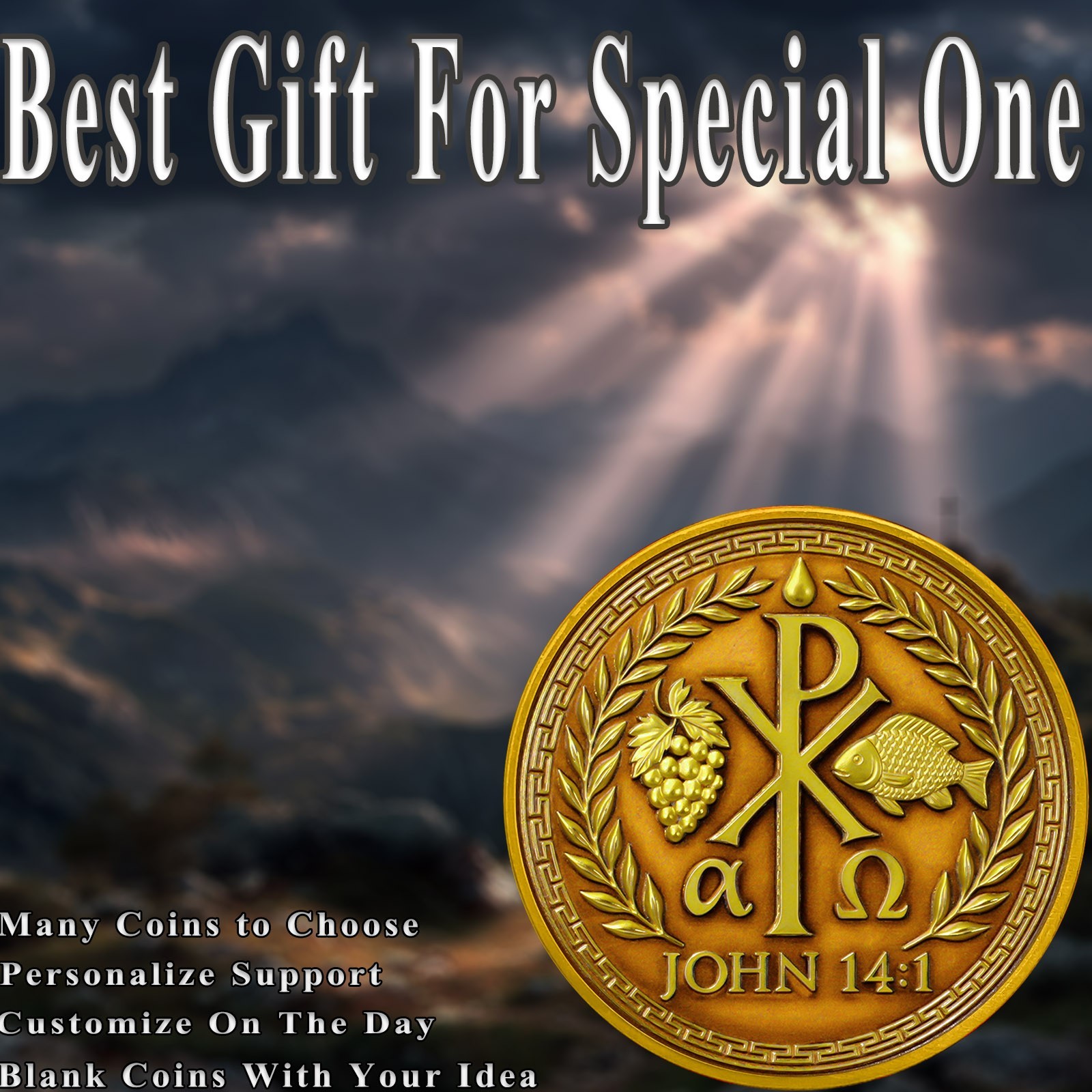 5pc Christian Challenge Coin – Chi Rho Alpha Omega John 14:1 Believe in Me Token