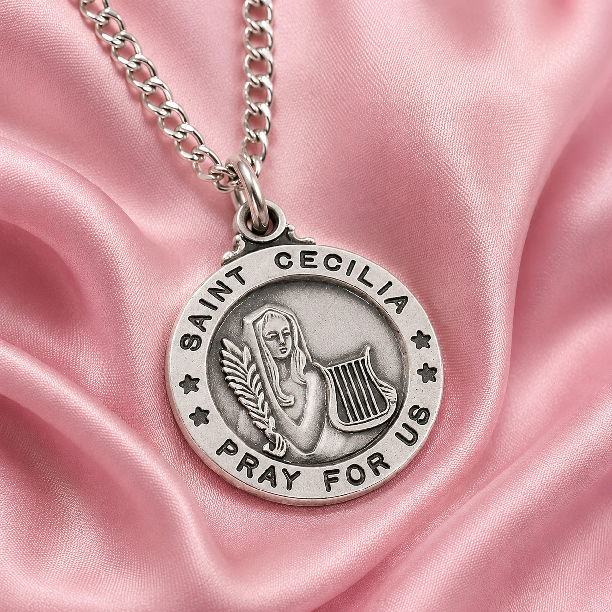 Saint Cecilia Medal Sterling Silver Pendant 20 Inch Necklace Christian Chain
