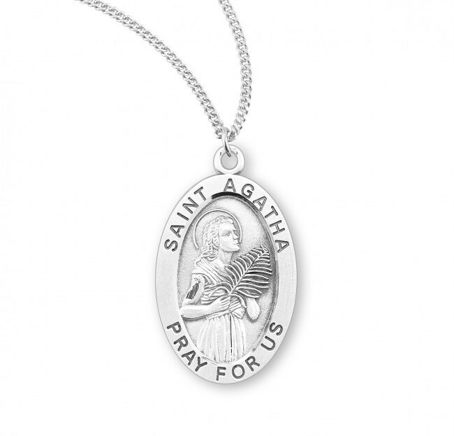 St. Agatha Sterling Silver Oval 1.1″ Medal, Gift Box, .24″ Chain, US Made