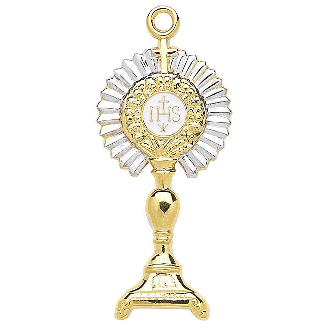 Needzo LTG 1 7/8″ Gold Sterling Silver Monstrance w Cross Christ Medal Pendant
