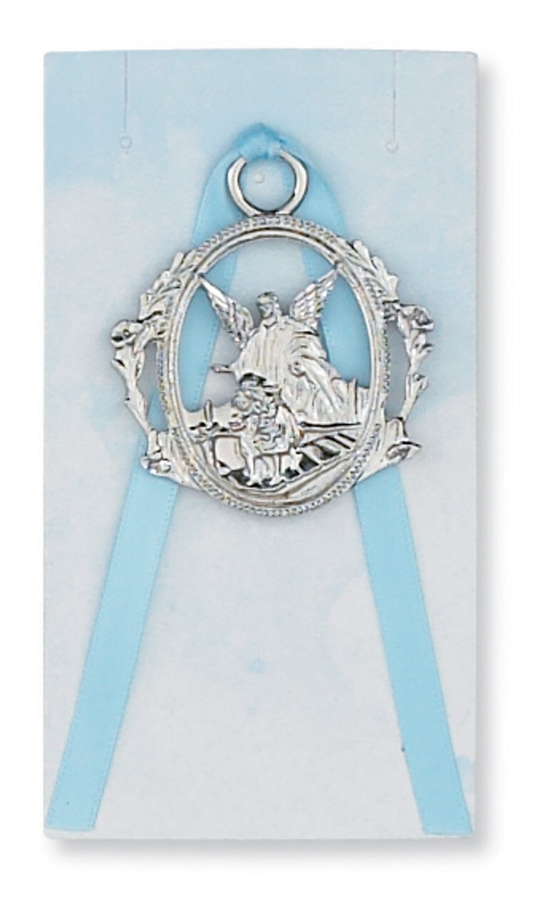 Guardian Angel Crib Medal W/ Light Blue Ribbon Card Religious Catholic Medals