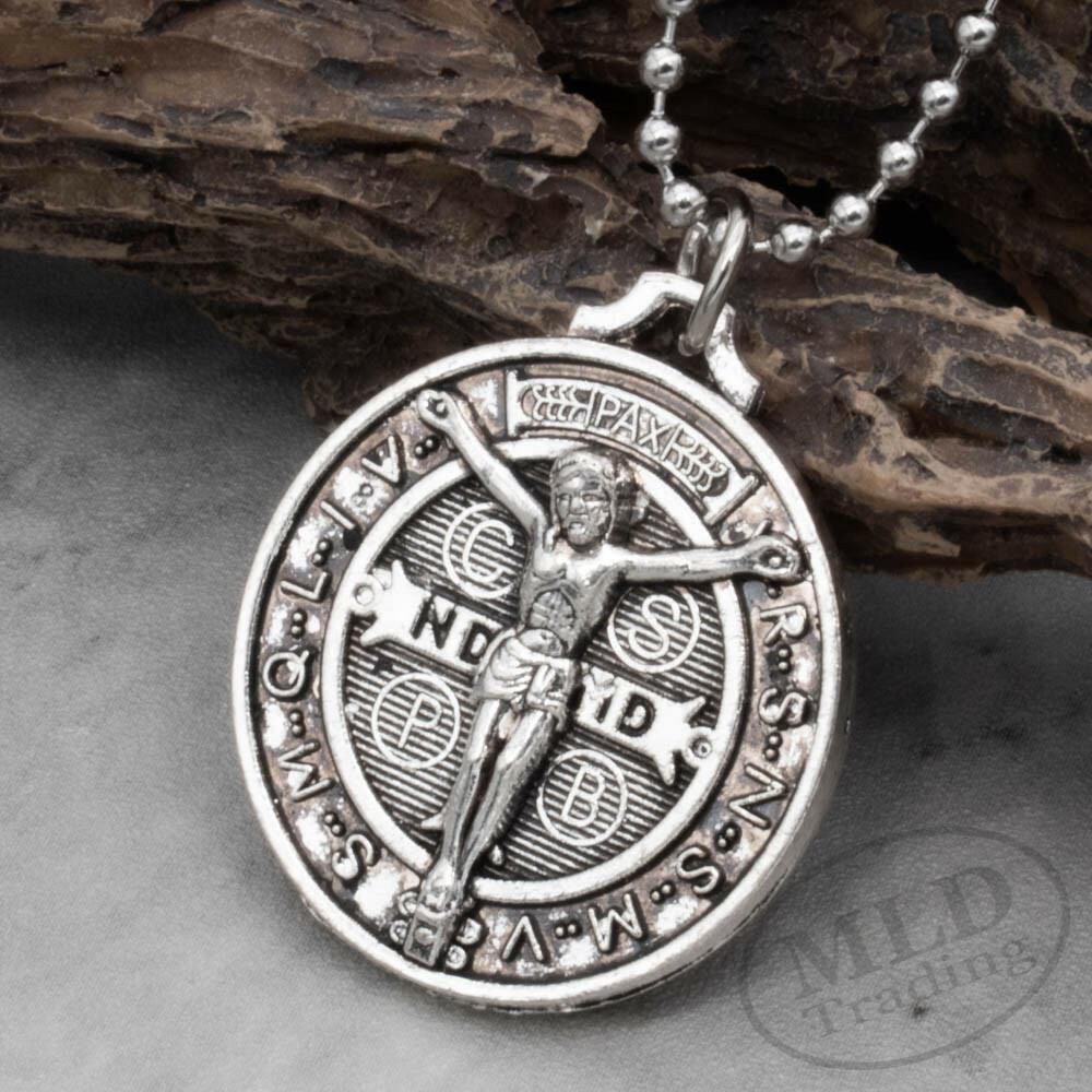 Jesus Crucifix Saint St Benedict Medal Pendant Necklace 1-1/4″ w 24″ Ball Chain