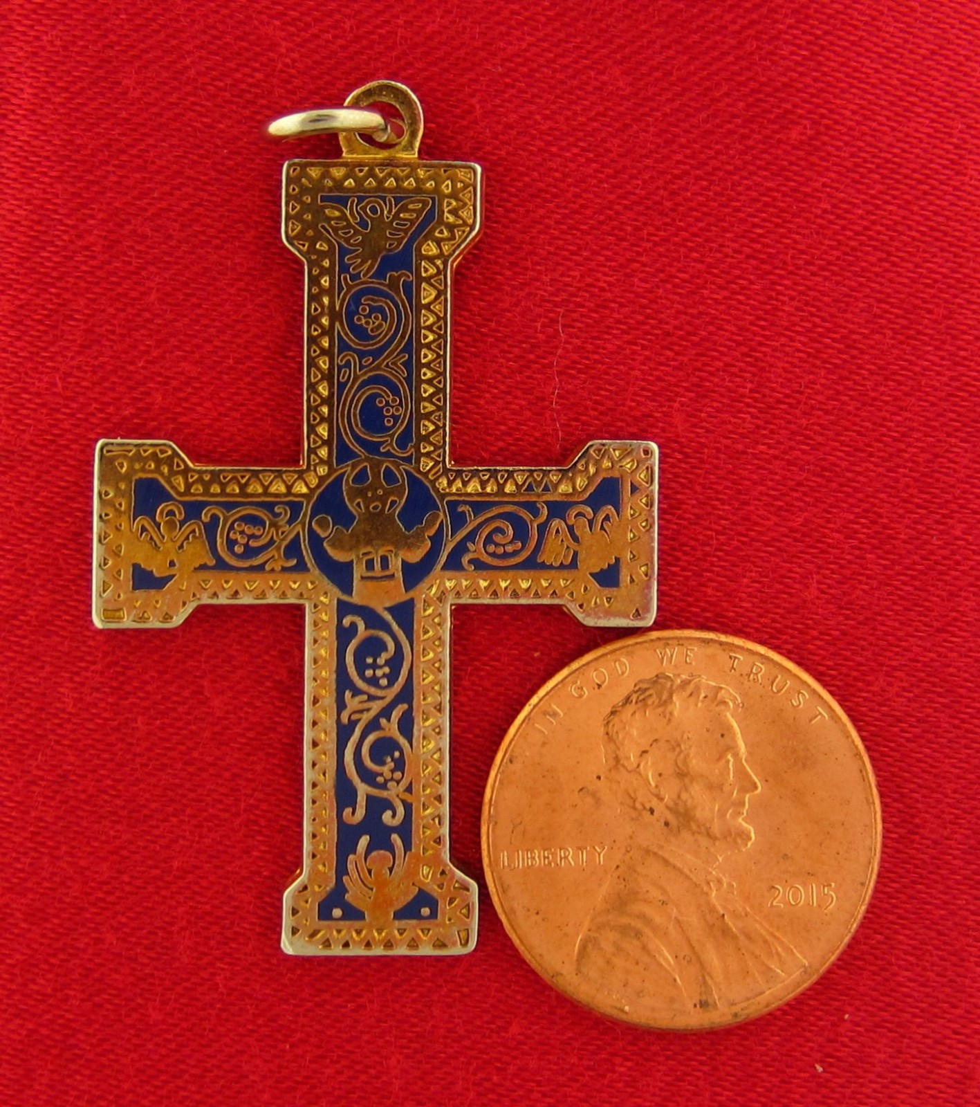 2 BLUE ENAMEL CROSSES Medals Goldtone Religious Catholic Pendants JESUS ORTHODOX