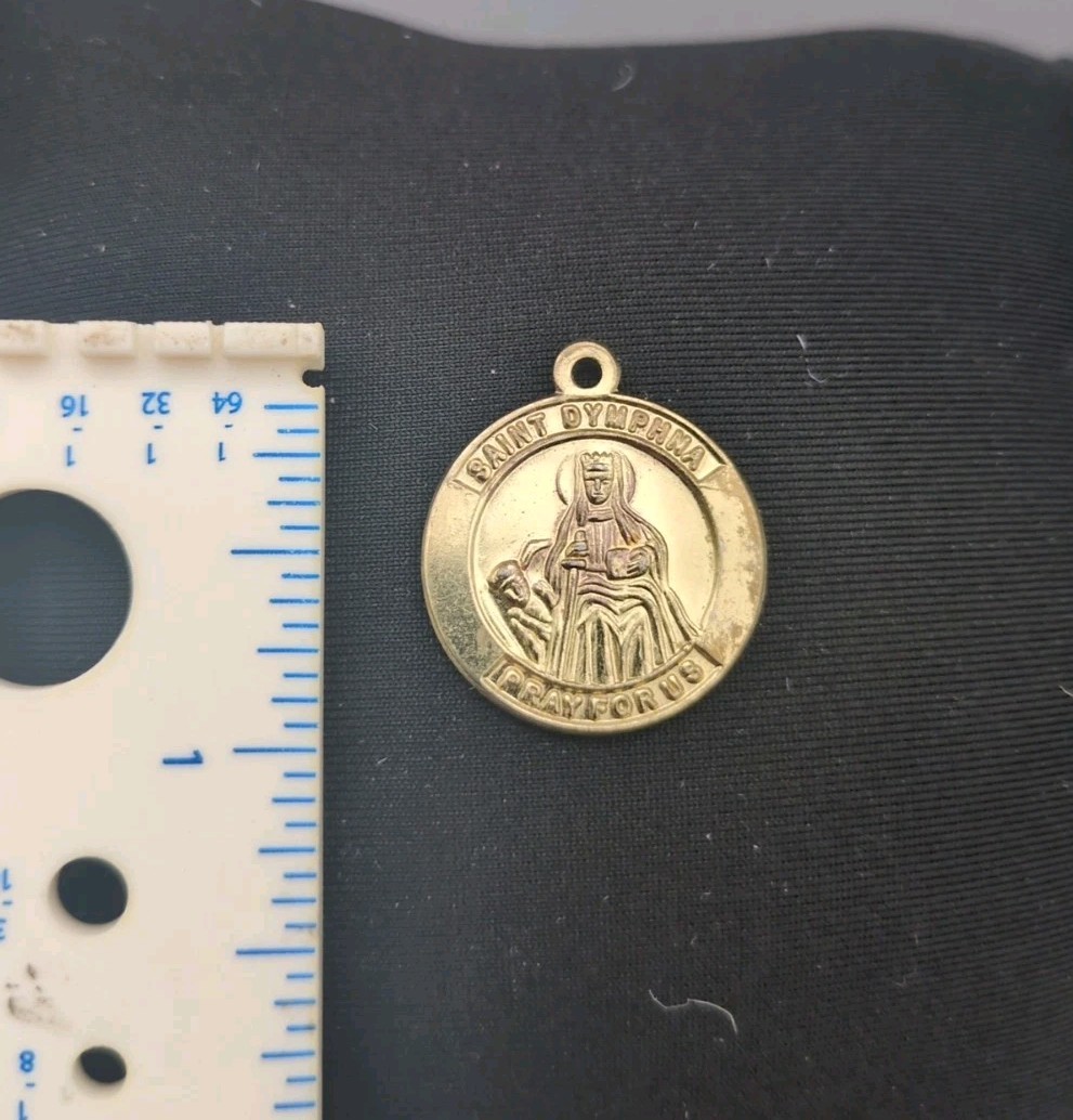 Vintage Gold Tone St Saint Dymphna Medal Pendant 1″