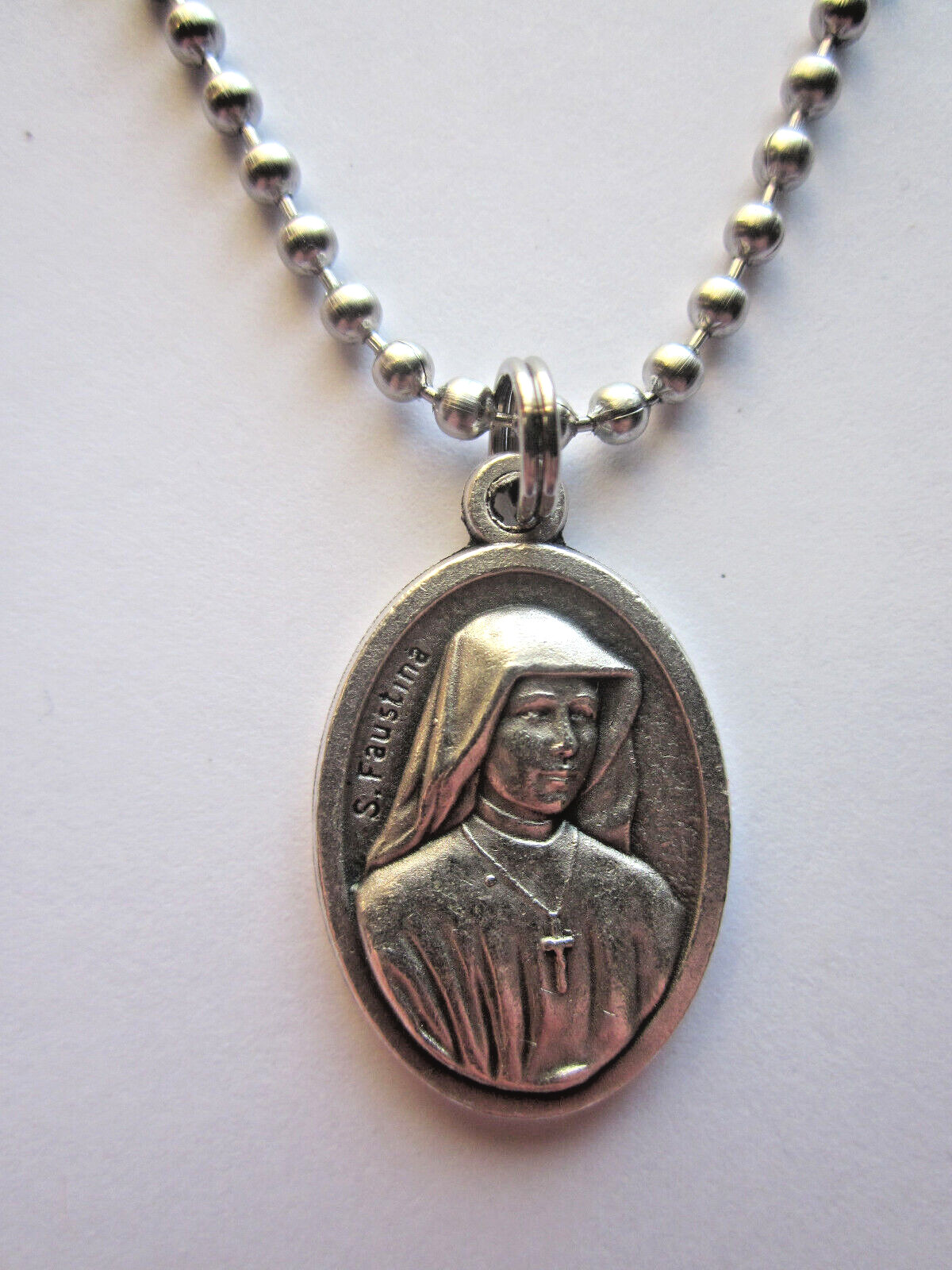 Divine Mercy / St Faustina Medal Pendant Necklace 24″ Ball Chain Prayer Card