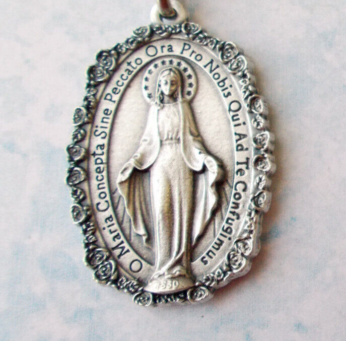 Catholic Silver Tone XL Miraculous Medal Rose Border Latin 1 3/4″ Italy