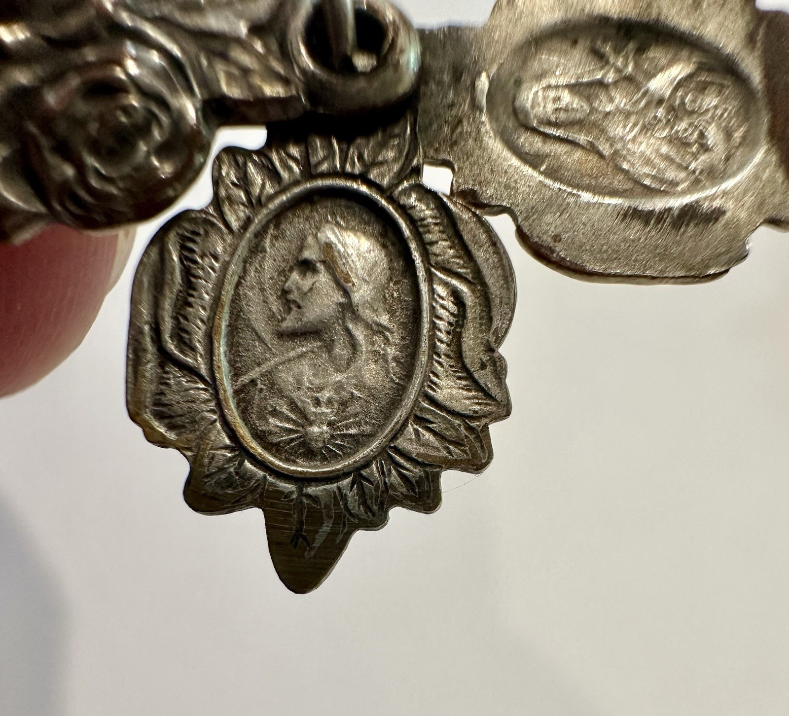 Vintage Catholic Miraculous Rose Triple Slide Sterling Silver Charm Medal