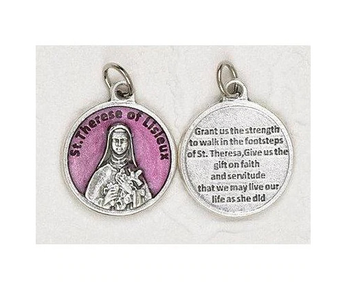 Saint Therese – Pink Enamel – Silver Tone Round – Medal with Prayer 171.34.2814