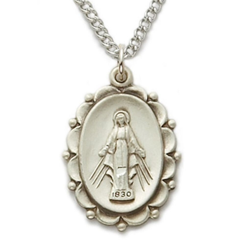 925 Sterling Silver Oval Antiqued Miraculous Medal Mary Pendant Necklace