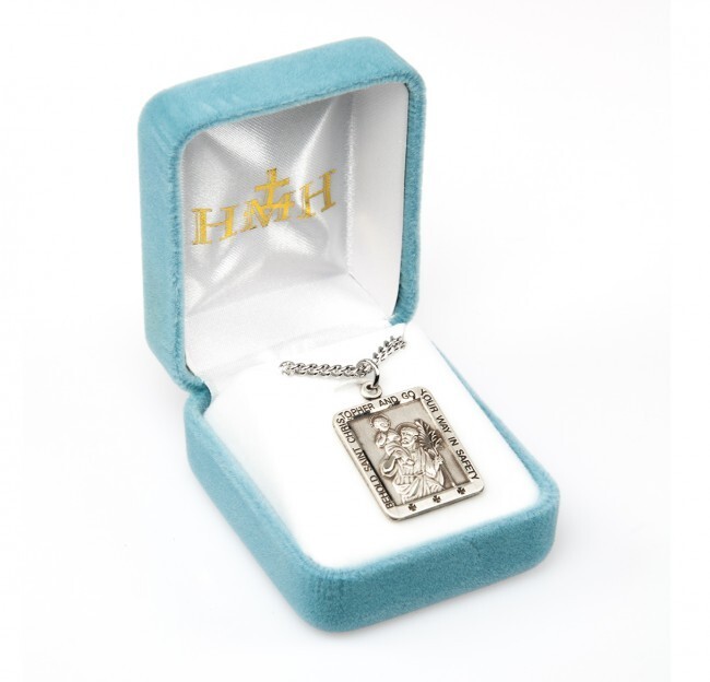 St. Christopher Sterling Silver Square 1″ Medal, Gift Box, 24″ Chain, US Made