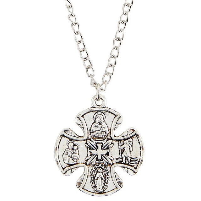 Catholic Four-Way Medal Pendant and Holy Card Set – First Communion Gift